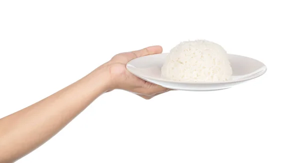 Mano Sosteniendo Plato Arroz Aislado Sobre Fondo Blanco — Foto de Stock