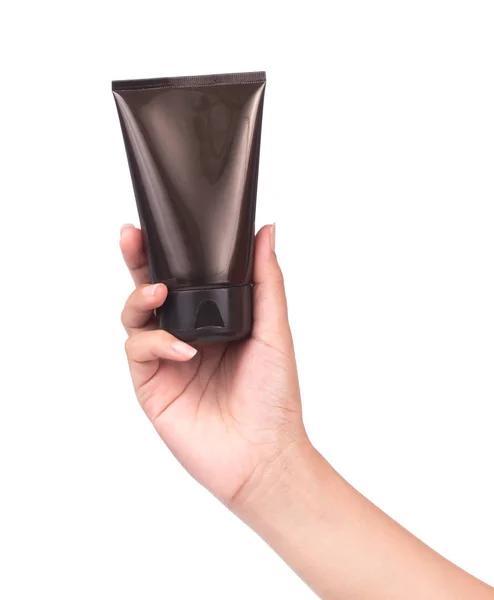 Hand Hält Kosmetische Schwarze Plastikröhre Isoliert Auf Weißem Hintergrund — Stockfoto