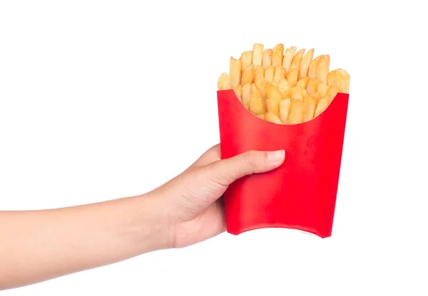 Hand Hält Pommes Einer Roten Papiertüte Isoliert Auf Weißem Hintergrund — Stockfoto