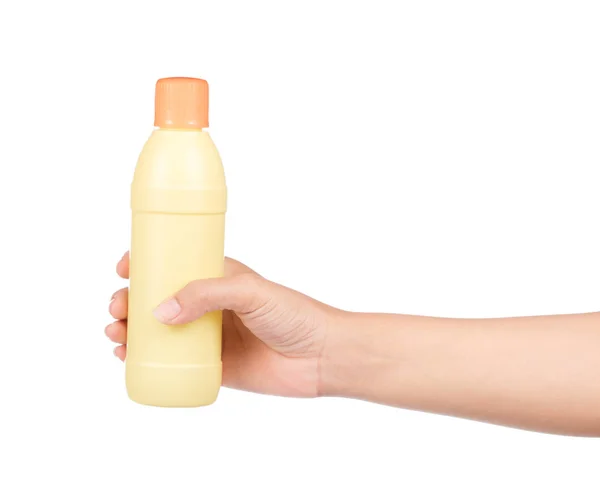 Mão Segurando Garrafa Plástico Isolado Fundo Branco — Fotografia de Stock