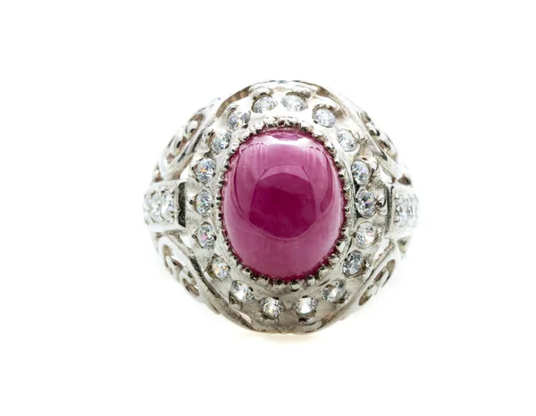 Bague Rubis Rose Sur Fond Blanc — Photo