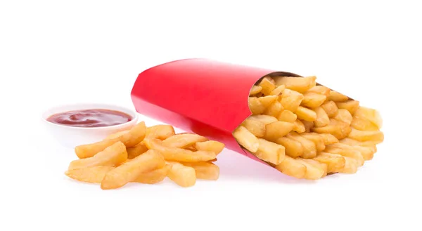 Pommes Einer Roten Papiertüte Mit Tamatosauce Isoliert Auf Weißem Hintergrund — Stockfoto