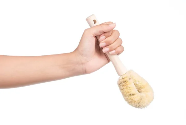 Hand Holding Wooden Toilet Brush Isolated White Background — Stock Photo, Image