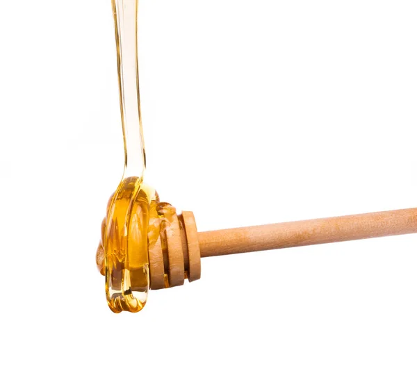 Med Dřevěné Honey Naběračka Izolovaných Bílém Pozadí — Stock fotografie