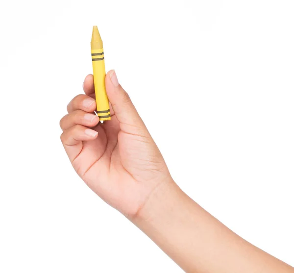 Mão Segurando Lápis Amarelo Isolado Fundo Branco — Fotografia de Stock