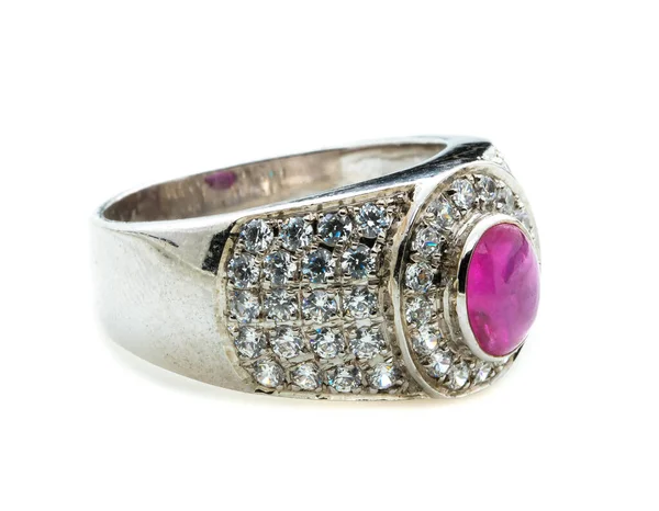 Bague Rubis Rose Sur Fond Blanc — Photo