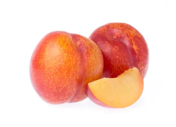 Slice Ripe Ruby Plum Fruit Isolated White Background — Stock Photo, Image