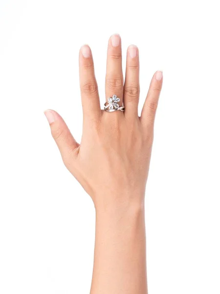 Εμφάνιση Δαχτυλίδι Στο Δάχτυλο Που Απομονώνονται Λευκό Φόντο — Φωτογραφία Αρχείου