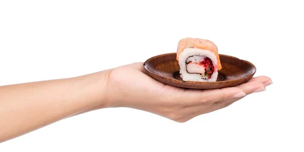 Hand Hält Lachs Sushi Auf Schale Isoliert Auf Weißem Hintergrund — Stockfoto