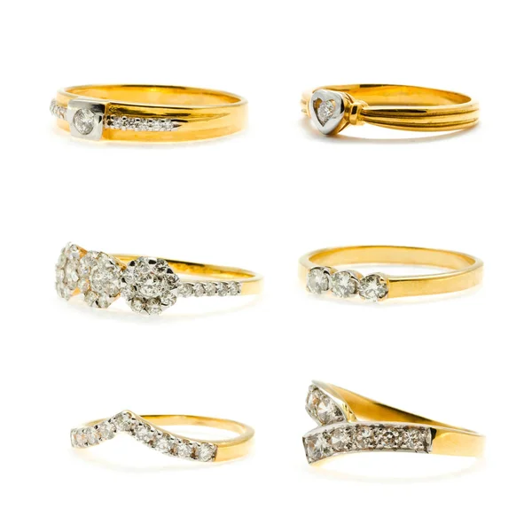 Coleção Anéis Casamento Ouro Isolados Fundo Branco — Fotografia de Stock