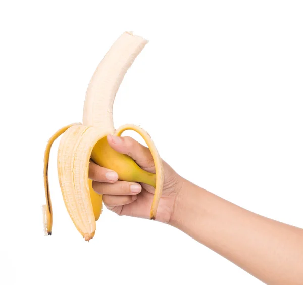 Mãos Descascando Banana Isolado Fundo Branco — Fotografia de Stock