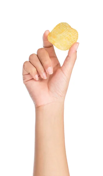 Hand Holding Potato Chips Isolated White Background — Stock Photo, Image
