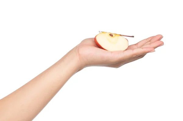 Рука Тримає Шматочок Червоного Яблука Ізольовано Білому Тлі — стокове фото