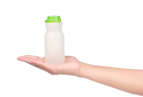 Hand Hålla Kokosjuice Plastflaska Isolerad Vit Bakgrund — Stockfoto