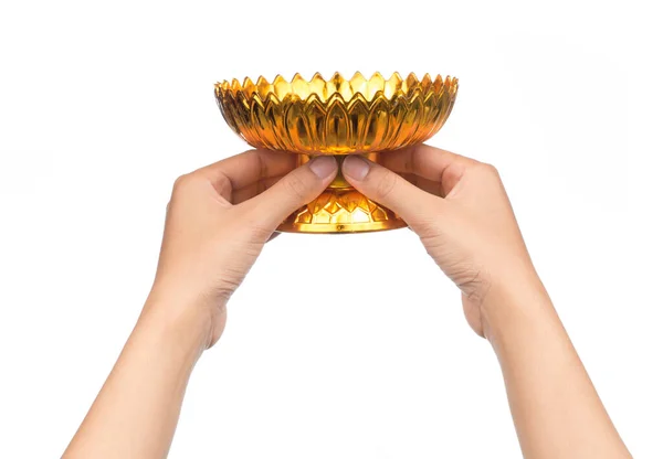 Hand Held Gold Tray Pedestal Isolated White Background — Stock Photo, Image