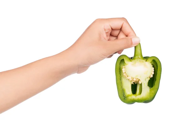 Mão Segurando Fatia Bell Pepper Isolado Fundo Branco — Fotografia de Stock