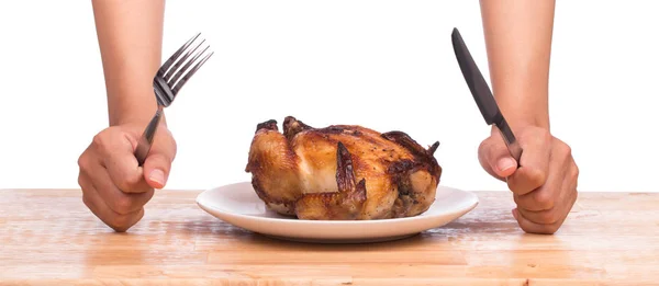 Roasted Chicken Being Cut Knife Fork Wood Table Isolated White — Stock Photo, Image