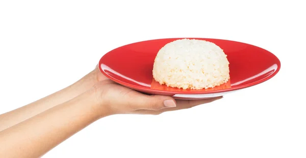 Рука Держа Красное Блюдо Рисом Изолированы Белом Фоне — стоковое фото