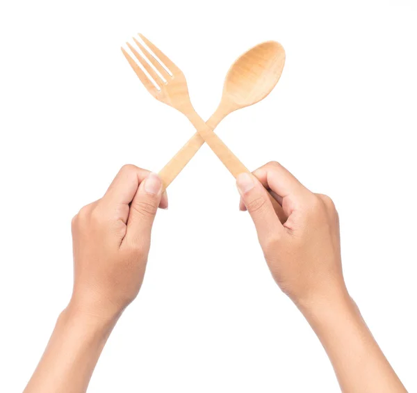Hand Holding Wood Spoon Fork Isolated White Background — Stockfoto