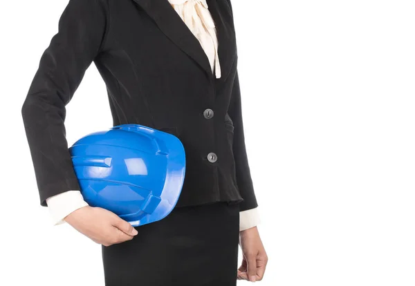 布西尼亚妇女手持建筑安全帽 隔离在白色背景下 — 图库照片