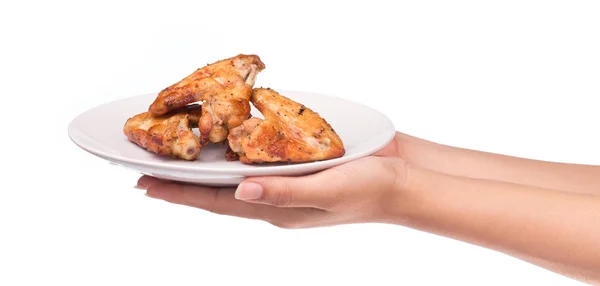 Hand Hålla Rostad Kyckling Vinge Skålen Isolerad Vit Bakgrund — Stockfoto