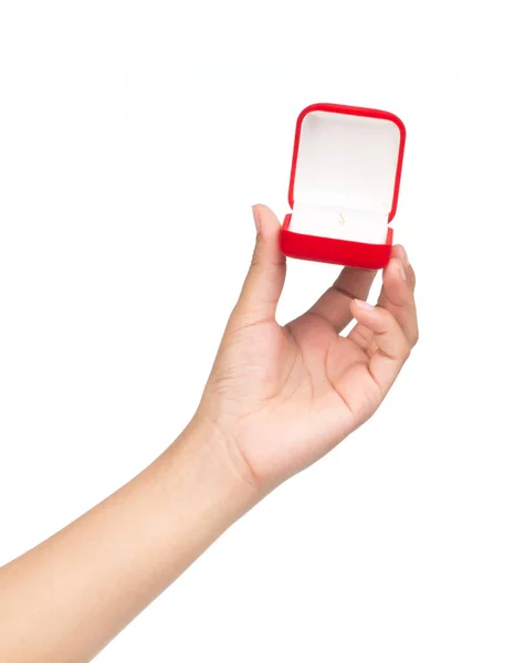 Hand Holding Red Velvet Box Ring Isolated White Background — Stock Photo, Image