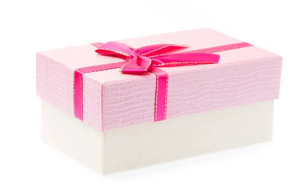 Roze Geschenkdoos Met Lint Geïsoleerd Witte Achtergrond — Stockfoto