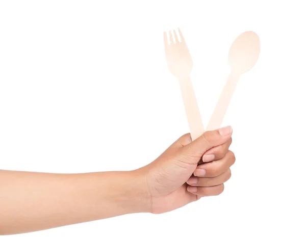 Hand Holding Wood Fork Spoon Isolated White Background — Stock Photo, Image