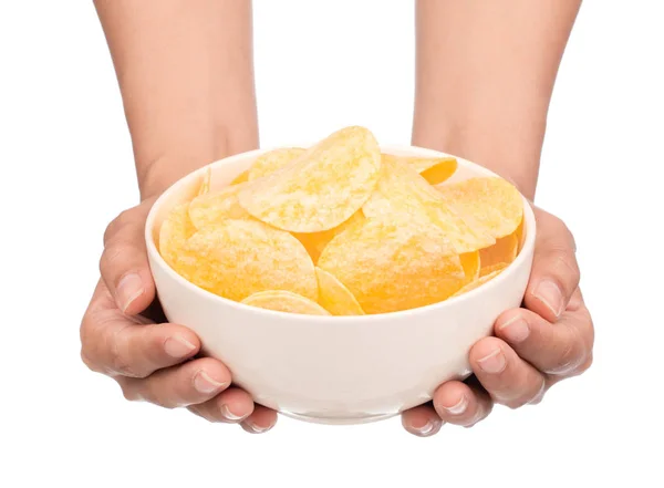 Mão Segurando Batatas Fritas Tigela Isolada Fundo Branco — Fotografia de Stock