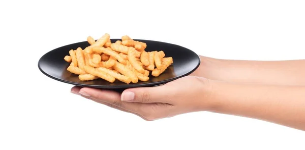 Mano Possesso Piatto Snack Isolati Sfondo Bianco — Foto Stock