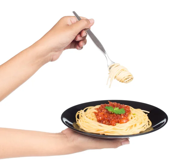 Hand Hält Gabel Isst Pasta Spaghetti Isoliert Auf Weißem Hintergrund — Stockfoto