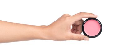 Beyaz arkaplanda el ele tutuşan pembe allık..