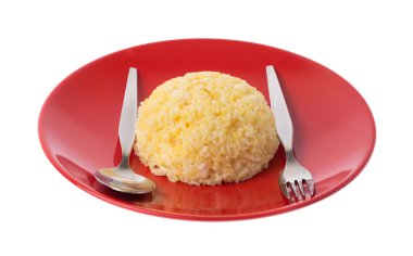 rice in a plate / a portion of cooked yellow rice in red ceramic dish