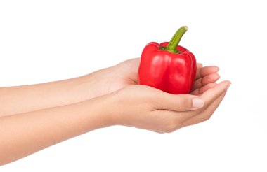 Beyaz arka plan üzerinde izole kırmızı dolmalık biber tutan el