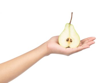 El ele tutuşan sarı armutlar beyaz arka planda izole edilmiş