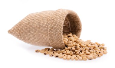 Beyaz arka planda izole edilmiş çuvaldaki soya fasulyesi