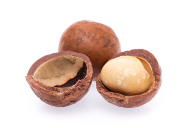 Macadamia fındığı beyaz arkaplanda izole edildi.