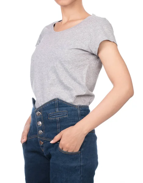 Vrouw Draagt Wit Grijs Shirt Jeans Met Hand Haar Broekzak — Stockfoto