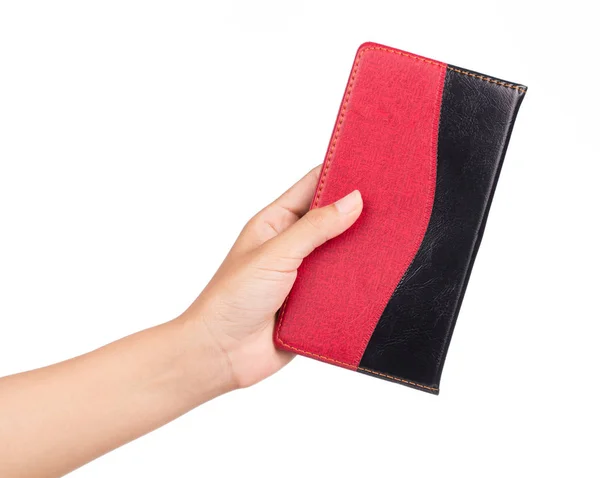 Hand Holding Leather Notebooks Isolated White Background — Stock Photo, Image