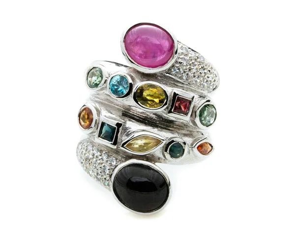 Pierścień Różnym Kolorze Kamienia Białym Tle — Zdjęcie stockowe