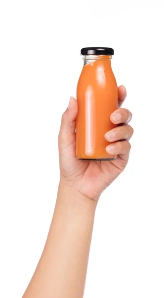 Hand Houden Vers Van Sap Oranje Fles Geïsoleerd Witte Achtergrond — Stockfoto