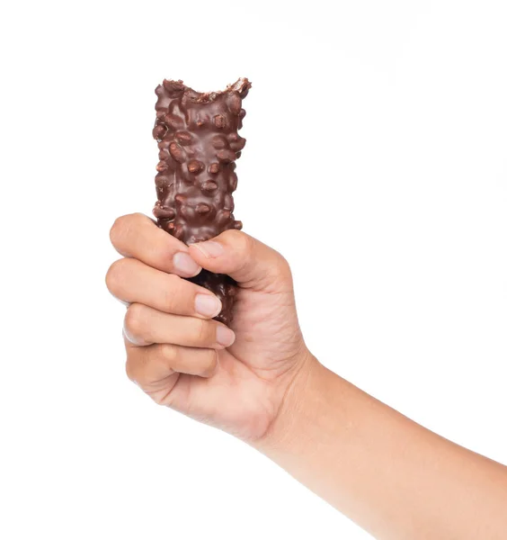 Hand Holding Chocolate Cereal Bar Isolated White Background — 图库照片