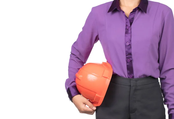 Woman Civil Engineer Holding Safety Helmet Construction Isolated White Background — Stock Photo, Image