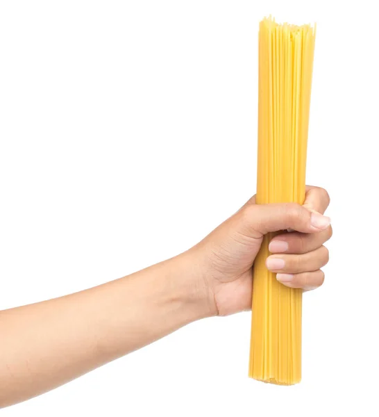 Hand Hält Rohe Spaghetti Isoliert Auf Weißem Hintergrund — Stockfoto