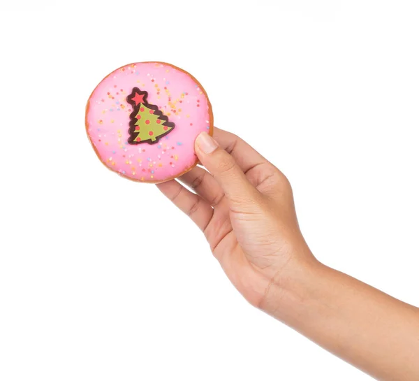 Hand Holding Donut Christmas Pattern Isolated White Background — Stock Photo, Image