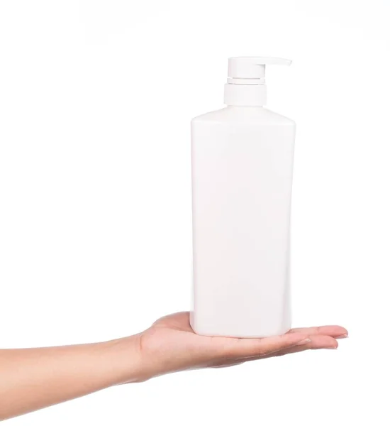 手握白色乳液瓶 白色底色隔离 — 图库照片