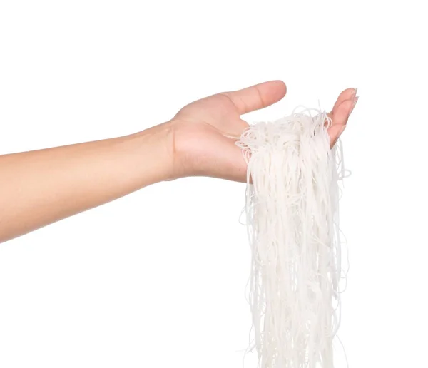 Hand Hält Reisnudeln Isoliert Auf Weißem Hintergrund — Stockfoto
