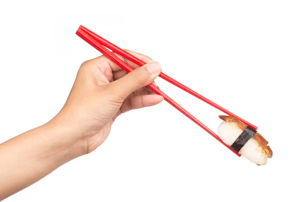 Mão Segurando Sushi Rolo Com Pauzinhos Isolados Fundo Branco — Fotografia de Stock