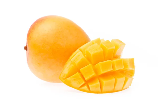 Lahodné Zralé Mango Ovoce Plátkem Manga Izolované Bílém Pozadí — Stock fotografie