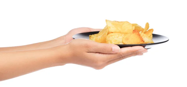 Mão Segurando Batatas Fritas Prato Isolado Fundo Branco — Fotografia de Stock